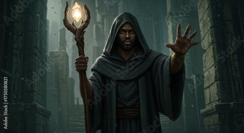 Dark sorcerer casting spell with glowing crystal staff