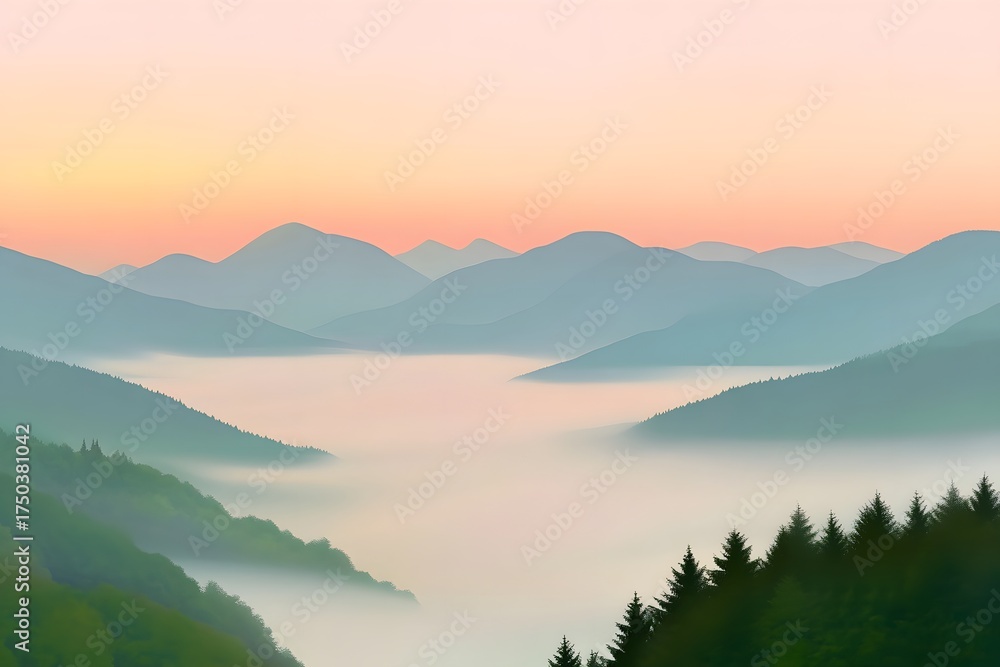 Obraz premium Serene misty mountains at dawn, a tranquil landscape.