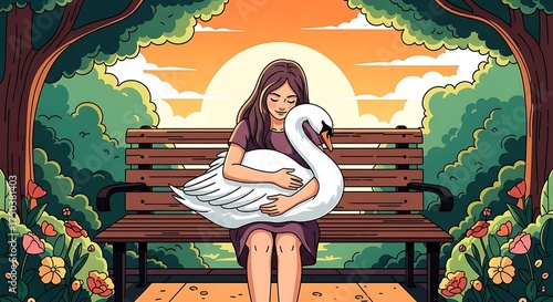 Girls Serene Embrace - A Swans Comfort in the Park.