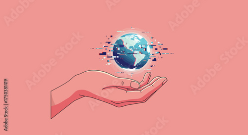 Digital Hand Holding a Miniature Living Planet