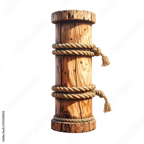 Wooden post with rope binding, side-lit on a black background