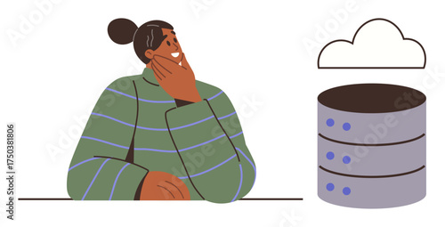 Thoughtful individual considering data storage, pairing cloud and database elements. Ideal for technology, innovation, IT, decision-making, digital transformation, cloud computing, organization