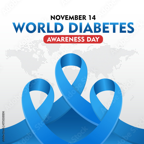 World Diabetes Awareness Day. 14th November Diabetes awareness banner with blue ribbon. Suitable for banner,  poster, social media and background design