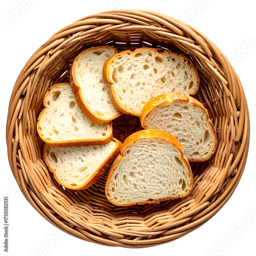 Overhead shot of bread slices neatly arranged inside a woven wicker basket