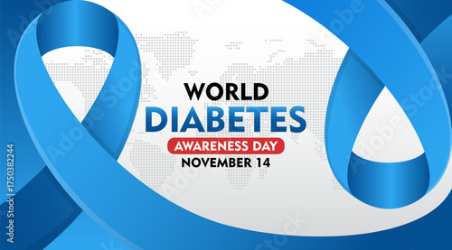 World Diabetes Awareness Day. 14th November Diabetes awareness banner with blue ribbon. Suitable for banner,  poster, social media and background design