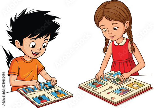 MobileCartoon, children, looking, photo, album, memory, nostalgia, ent