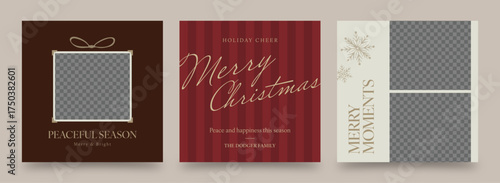 Minimalist Christmas Photo Card Templates – Elegant Holiday Layouts in Red, Brown, and Cream with Typography and Frames