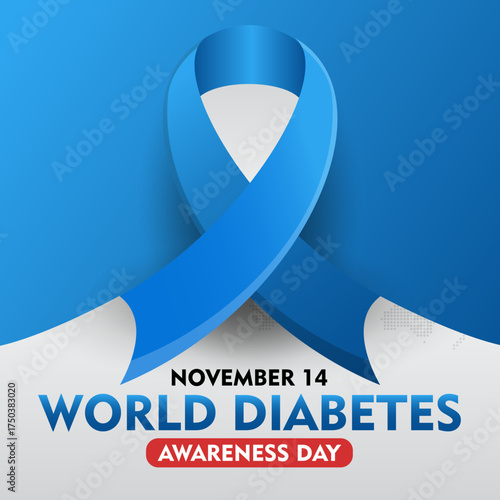 World Diabetes Awareness Day. 14th November Diabetes awareness banner with blue ribbon. Suitable for banner,  poster, social media and background design