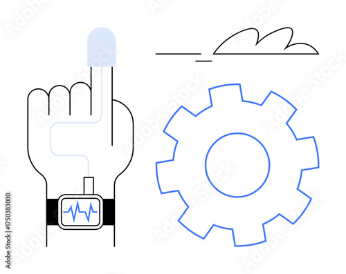 Hand with wearable fitness tracker measuring heart rate, touchscreen interaction, gear for process control. Ideal for health, fitness, technology, innovation, diagnostics, data monitoring digital