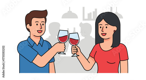 Celebration, Toasting Couple, Restaurant, Illustration, Social Gatherings, Indoor Setting, Joyful Moments in a Festive Atmosphere