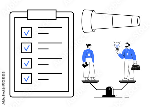 Checklist with marked tasks, large telescope symbolizing vision, two professionals discussing an idea on a balance scale. Ideal for teamwork, leadership, planning, innovation, collaboration, task