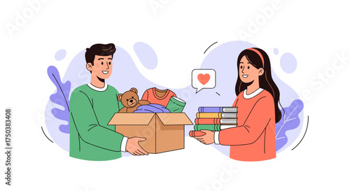 People helping each other by donating clothes and books to charity for a good cause.
