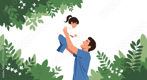 A father joyfully lifts his young daughter in the air surrounded by lush green foliage and white flowers.