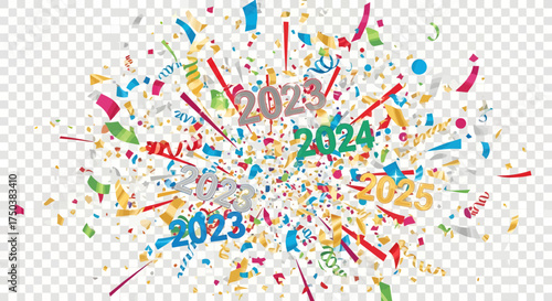 Celebratory Confetti Burst for New Year 2023-2025, Colorful Party Decorations, Festive Atmosphere, Vector Illustration