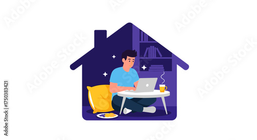 A young man working on a laptop in a cozy home office setup