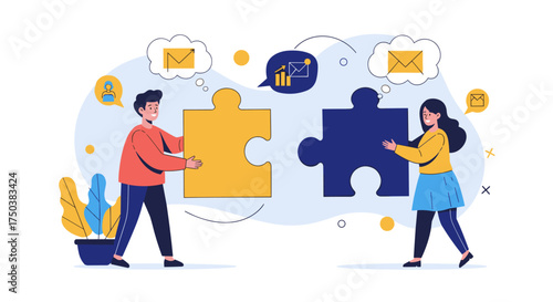 Teamwork collaboration puzzle pieces connecting people and ideas for business growth.