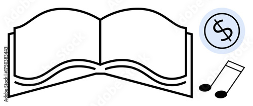 Open book symbol with a dollar sign and musical note highlighting education, creativity, finance, reading, music, learning, and ideas. Ideal for education, publishing content creation financial
