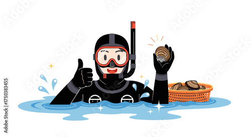 A diver in a black wetsuit gives a thumbs up while holding a precious pearl and a basket of oysters.