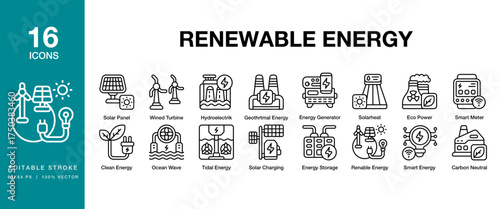Renewable Energy icon set. Includes renewable, technology, electricity, energy, power and More. Editable Stroke Icon Collection.