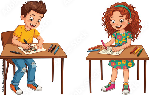 MobileChildren coloring at school desk, creative activity, early education, crayon drawing, focused kids, classroom art, preschool learning, artistic expression, childhood development