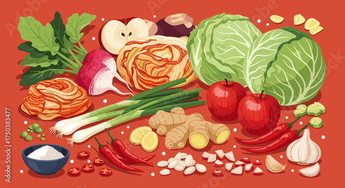 Fresh ingredients for making fermented cabbage and spicy fermented vegetables with garlic ginger and apples.