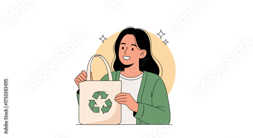 A smiling woman holds a reusable shopping bag with a recycling symbol.