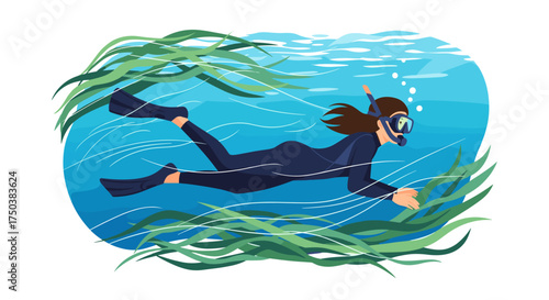 A woman in a wetsuit swims through underwater grass.