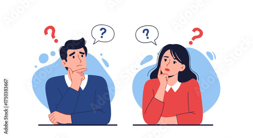 Two people are thoughtfully contemplating with question marks above their heads in a minimalist style.