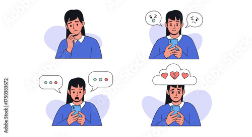 Young woman with a smartphone expressing different emotions and reactions through text messages and social media interactions.