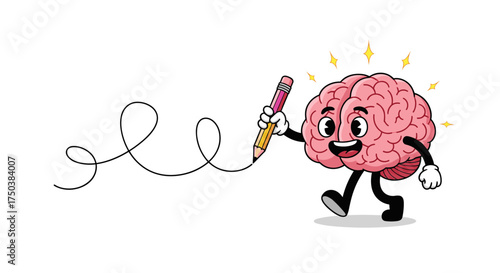 A happy cartoon brain walking and drawing a wavy line with a pencil.