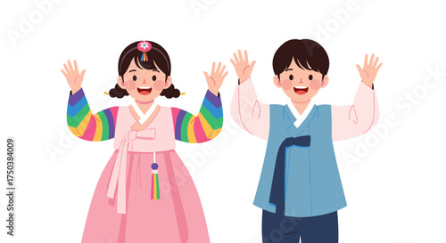 Children in traditional Korean clothing waving happily in celebration.
