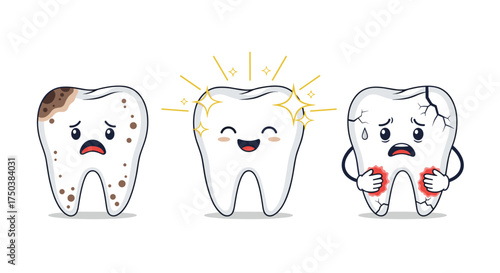 Illustrations of healthy smiling tooth versus unhealthy sad teeth showing decay and damage.