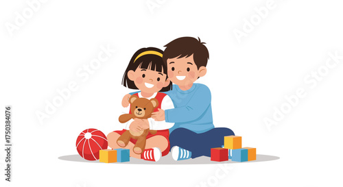 Two young children playing with toys including a teddy bear a ball and colorful blocks.