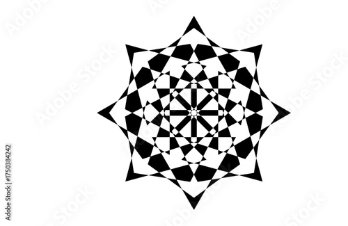 Black and white geometric starburst mandala, intricate optical abstract vector with radial concentric symmetry, modern pattern for decor, wall art, backgrounds, meditation, print, web, and textiles
