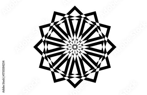 Black and white geometric starburst mandala, bold optical abstract pattern, modern minimalist vector design for wall art, decor, backgrounds, branding, meditation, fashion, and digital projects