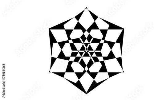 Black and white geometric mandala, modern hexagon starburst pattern with optical symmetry, abstract vector design for decor, wall art, textiles, backgrounds, branding, yoga, meditation, digital prints