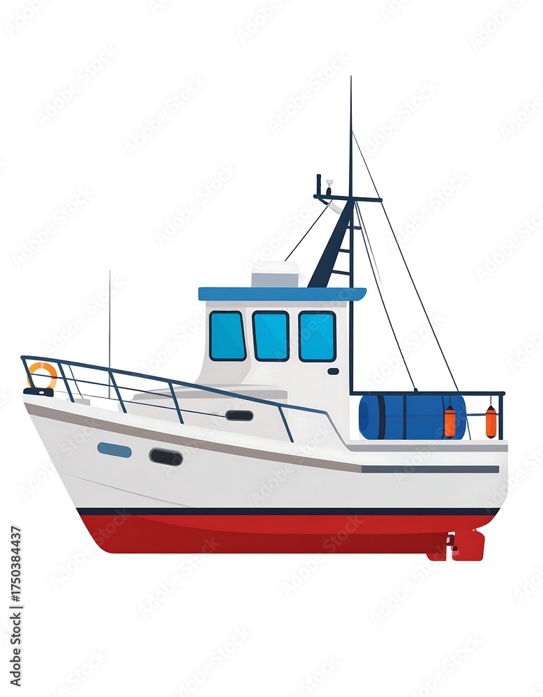 Obraz premium Small fishing boat with red hull, side view