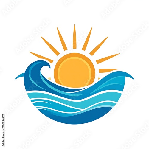 Stylized sun rising over swirling blue ocean waves