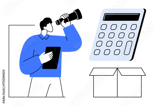 Man holding telescope and tablet, observing oversized calculator next to an open box. Ideal for business strategy, financial planning, market research, goal setting, accounting, analysis, simple flat