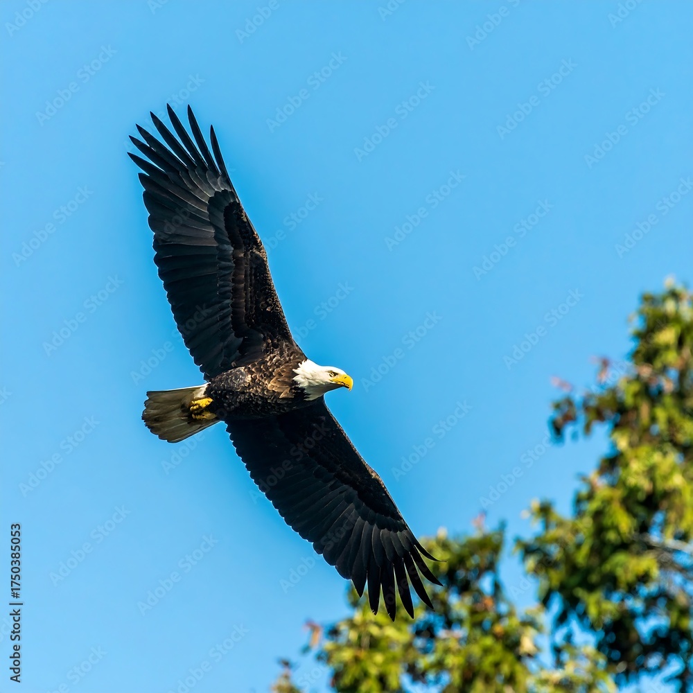 Fototapeta premium Majestic Bald Eagle Soaring in a Clear Blue Sky