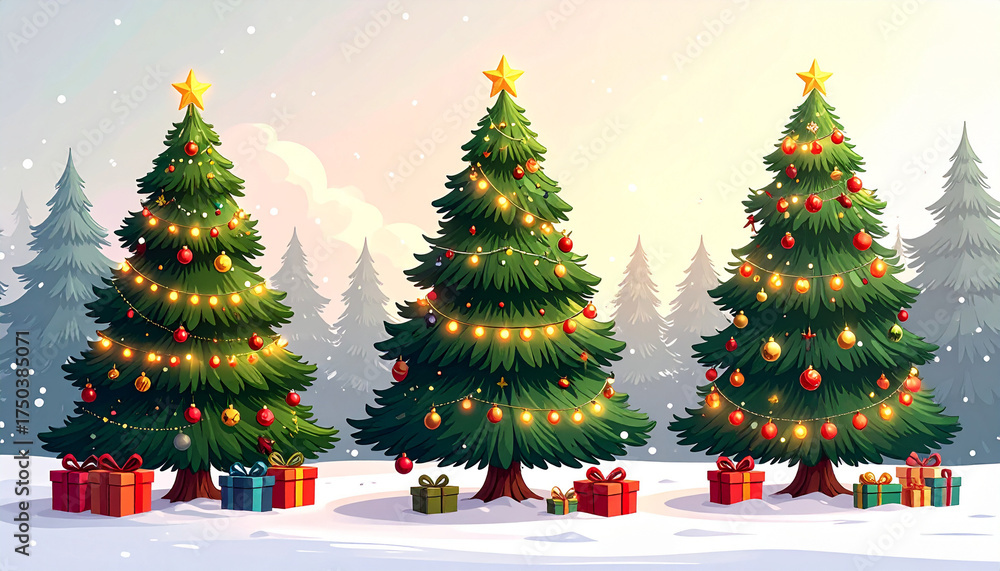 Obraz premium Festive Christmas trees with colorful ornaments and glowing lights create a magical holiday atmosphere, perfect for seasonal greetings and joyful celebrations
