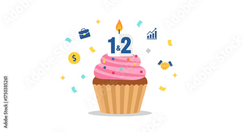 12th Birthday Cake with Candle, Festive Environment, Digital Illustration Viewpoint, Vector Design Concept