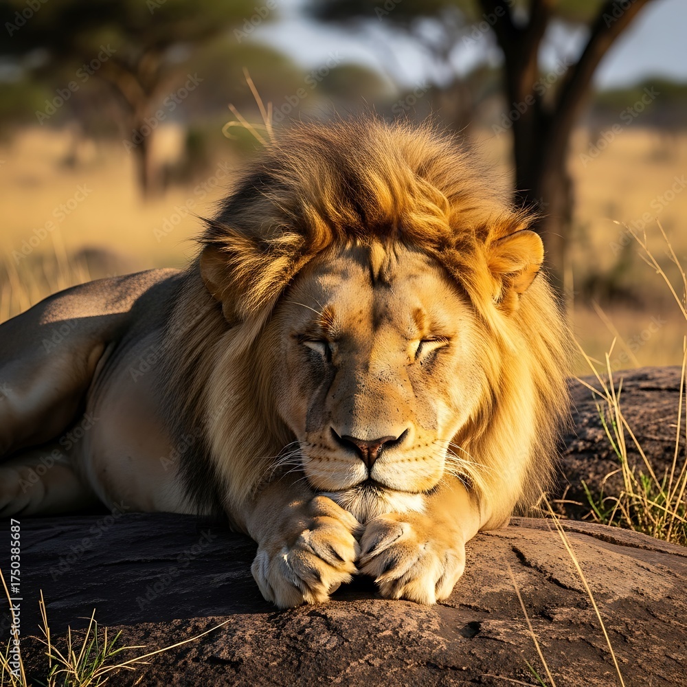 Fototapeta premium Lion Resting Peacefully in the African Savanna Sunlight.