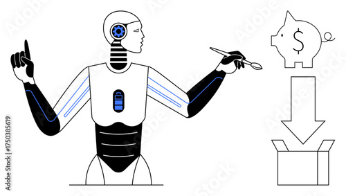 Futuristic robot pointing and holding stylus near piggy bank, arrow, and box. Ideal for automation, finance, innovation, AI, technology efficiency smart investments. Minimalist flat metaphor