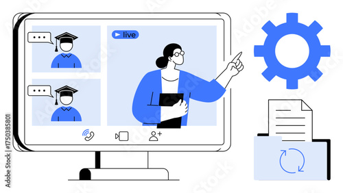 Online instructor engages with students in virtual classroom. Graduation caps, settings gear, and file upload reinforce online education. Ideal for e-learning, webinars, remote teaching, technology