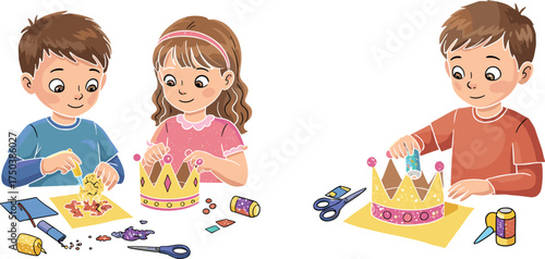 Children crafting paper crowns, kids art activity, teamwork, glitter glue, creative classroom, preschool fun, handmade decorations, learning through play, colorful suppli