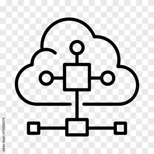 A minimalistic black line icon depicts a cloud connected to a central square node with four smaller circular and square nodes illustrating network connections