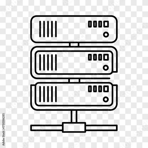 Three stacked server racks with indicators and ventilation presented as a clean outline graphic with a transparent background data storage network computer