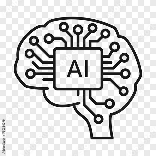 Stylized graphic of a human brain outline with circuitry and the letters AI in the center Transparent background artificial intelligence technology science