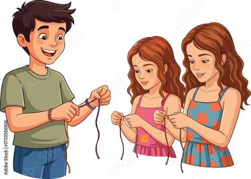 MobileChildren crafting with colorful string, teamwork, friendship, hands-on learning, summer activity, creative kids, bracelet making, outdoor fun, happy faces, playtime joy